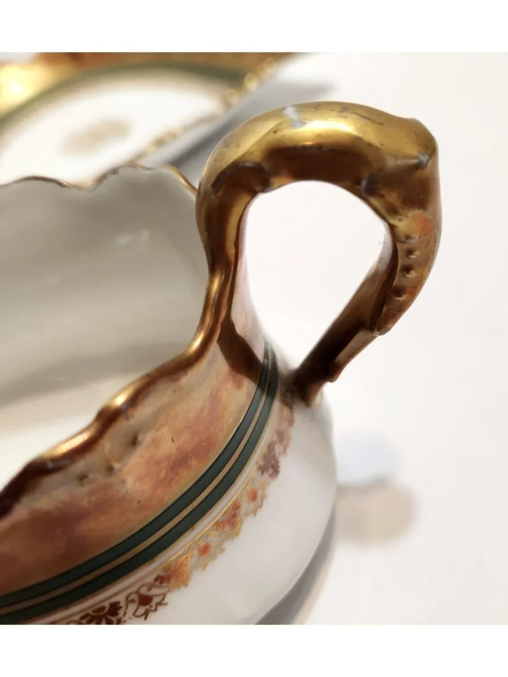 Antique Limoges France B&H Gold Green Trim Porcelain Gravy Boat Underplate READ